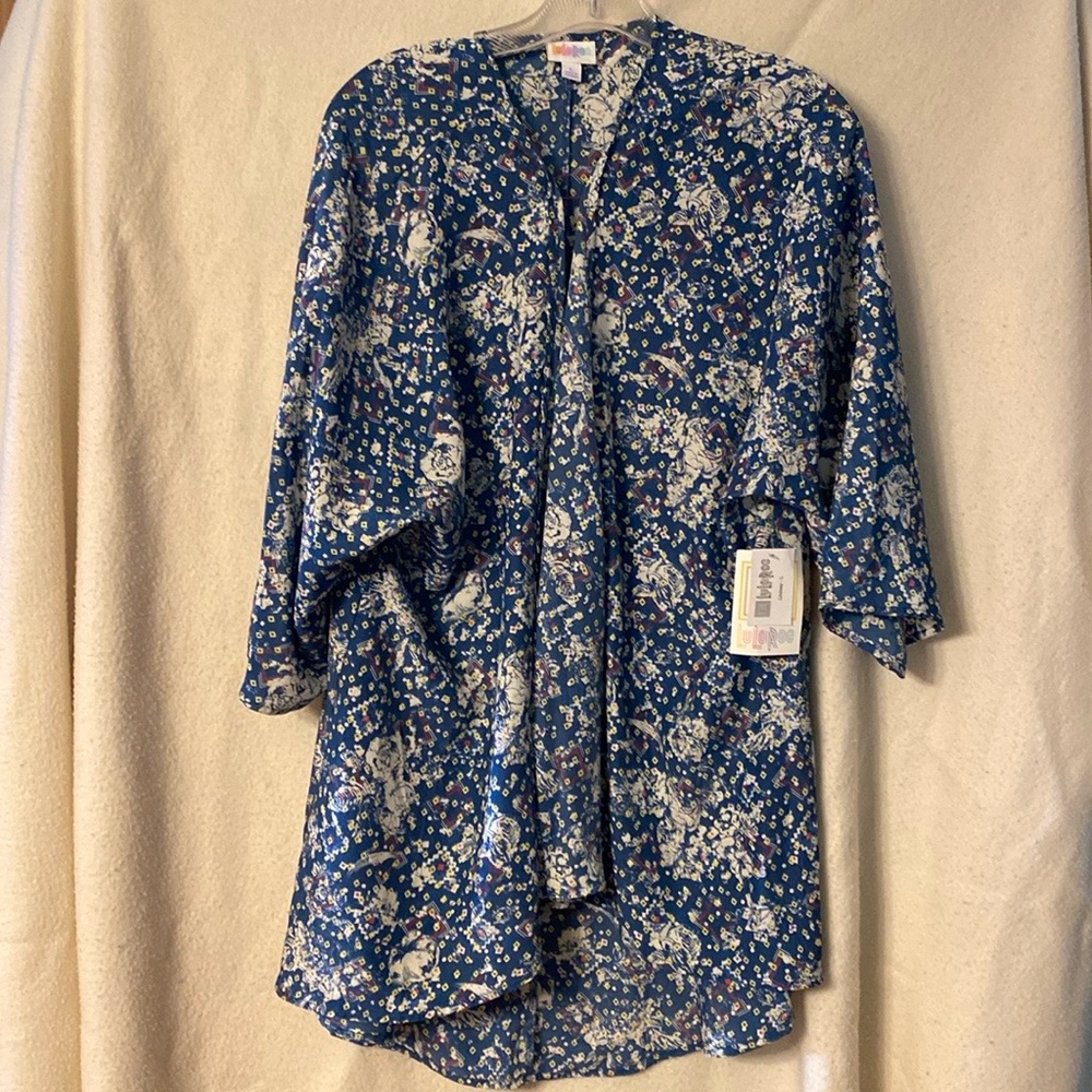 LulaRoe Lindsay Open Front Sheer Kimono Blue with White, swimsuit coverup